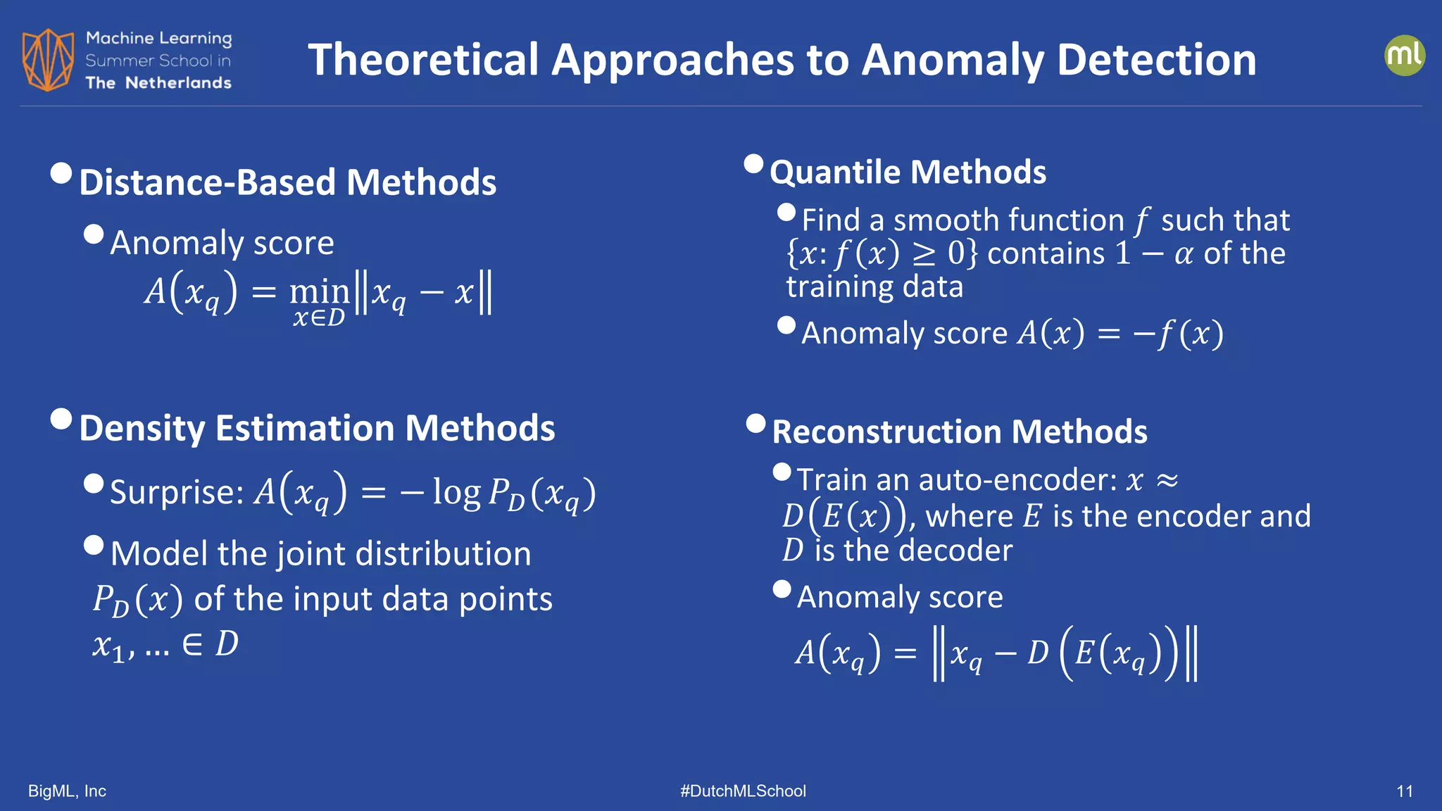 BigML, Inc #DutchMLSchool 11
•Distance-Based Methods
•Anomaly score
𝐴𝐴 𝑥𝑥𝑞𝑞 = min
𝑥𝑥∈𝐷𝐷
𝑥𝑥𝑞𝑞 − 𝑥𝑥
•Density Estimation Methods
•Surprise: 𝐴𝐴 𝑥𝑥𝑞𝑞 = − log 𝑃𝑃𝐷𝐷(𝑥𝑥𝑞𝑞)
•Model the joint distribution
𝑃𝑃𝐷𝐷(𝑥𝑥) of the input data points
𝑥𝑥1, … ∈ 𝐷𝐷
Theoretical Approaches to Anomaly Detection
•Quantile Methods
•Find a smooth function 𝑓𝑓 such that
𝑥𝑥: 𝑓𝑓 𝑥𝑥 ≥ 0 contains 1 − 𝛼𝛼 of the
training data
•Anomaly score 𝐴𝐴 𝑥𝑥 = −𝑓𝑓(𝑥𝑥)
•Reconstruction Methods
•Train an auto-encoder: 𝑥𝑥 ≈
𝐷𝐷 𝐸𝐸 𝑥𝑥 , where 𝐸𝐸 is the encoder and
𝐷𝐷 is the decoder
•Anomaly score
𝐴𝐴 𝑥𝑥𝑞𝑞 = 𝑥𝑥𝑞𝑞 − 𝐷𝐷 𝐸𝐸 𝑥𝑥𝑞𝑞
 