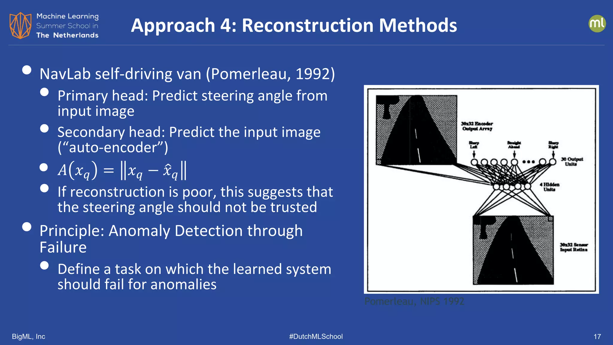 BigML, Inc #DutchMLSchool 17
• NavLab self-driving van (Pomerleau, 1992)
• Primary head: Predict steering angle from
input image
• Secondary head: Predict the input image
(“auto-encoder”)
• 𝐴𝐴 𝑥𝑥𝑞𝑞 = 𝑥𝑥𝑞𝑞 − �
𝑥𝑥𝑞𝑞
• If reconstruction is poor, this suggests that
the steering angle should not be trusted
• Principle: Anomaly Detection through
Failure
• Define a task on which the learned system
should fail for anomalies
Approach 4: Reconstruction Methods
Pomerleau, NIPS 1992
 