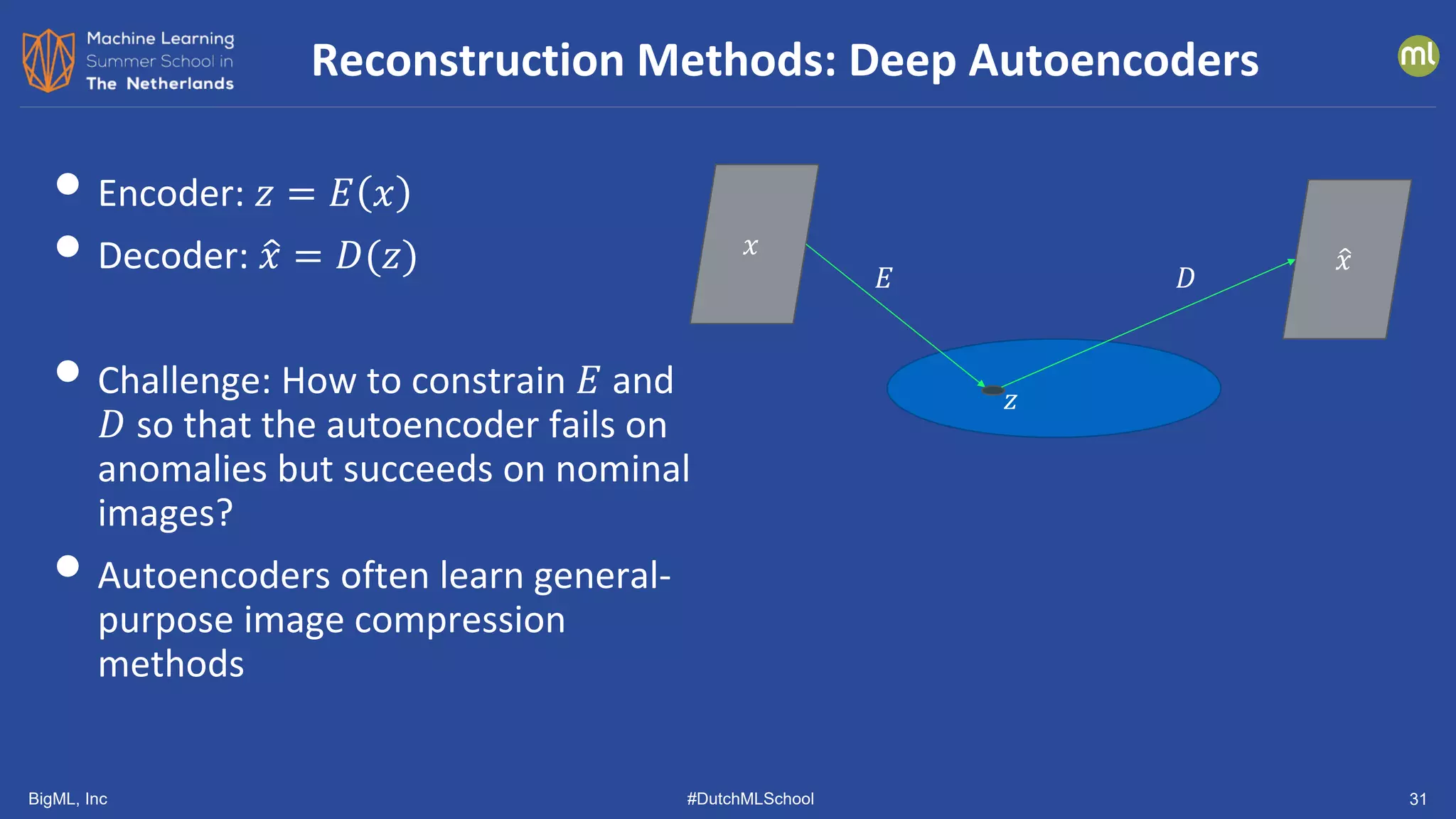 BigML, Inc #DutchMLSchool 31
• Encoder: 𝑧𝑧 = 𝐸𝐸 𝑥𝑥
• Decoder: �
𝑥𝑥 = 𝐷𝐷(𝑧𝑧)
• Challenge: How to constrain 𝐸𝐸 and
𝐷𝐷 so that the autoencoder fails on
anomalies but succeeds on nominal
images?
• Autoencoders often learn general-
purpose image compression
methods
Reconstruction Methods: Deep Autoencoders
𝑥𝑥
𝑧𝑧
�
𝑥𝑥
𝐸𝐸 𝐷𝐷
 
