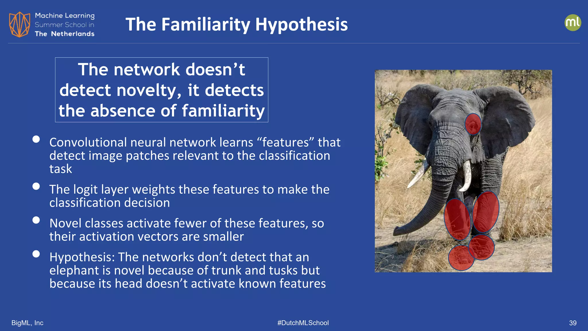 BigML, Inc #DutchMLSchool 39
• Convolutional neural network learns “features” that
detect image patches relevant to the classification
task
• The logit layer weights these features to make the
classification decision
• Novel classes activate fewer of these features, so
their activation vectors are smaller
• Hypothesis: The networks don’t detect that an
elephant is novel because of trunk and tusks but
because its head doesn’t activate known features
The Familiarity Hypothesis
The network doesn’t
detect novelty, it detects
the absence of familiarity
 