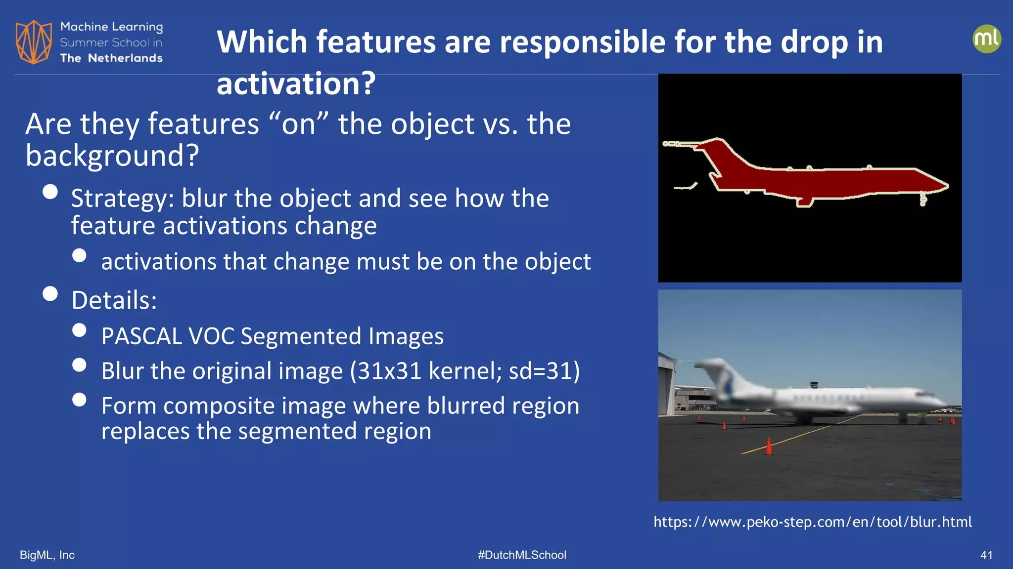 BigML, Inc #DutchMLSchool 41
Are they features “on” the object vs. the
background?
• Strategy: blur the object and see how the
feature activations change
• activations that change must be on the object
• Details:
• PASCAL VOC Segmented Images
• Blur the original image (31x31 kernel; sd=31)
• Form composite image where blurred region
replaces the segmented region
Which features are responsible for the drop in
activation?
https://www.peko-step.com/en/tool/blur.html
 