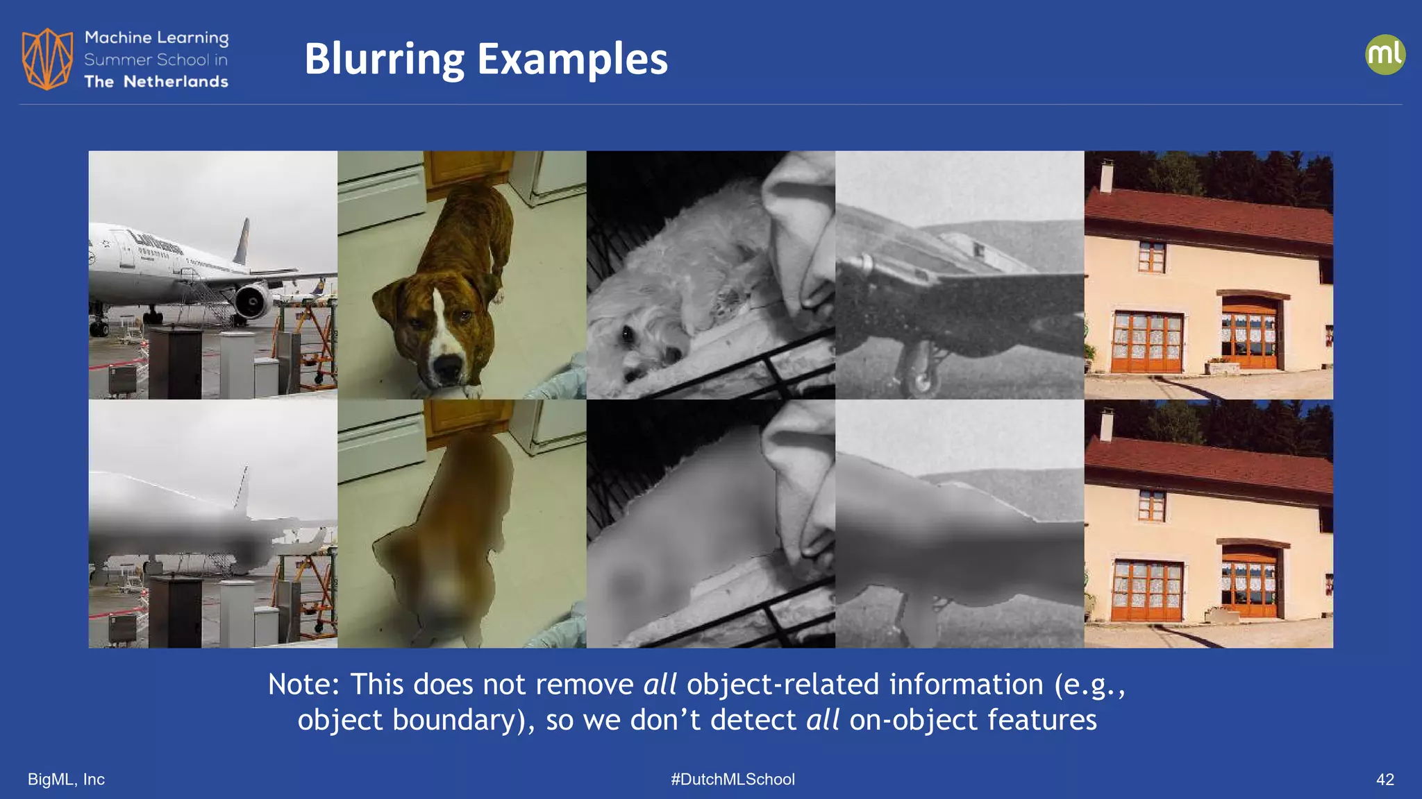 BigML, Inc #DutchMLSchool 42
Blurring Examples
Note: This does not remove all object-related information (e.g.,
object boundary), so we don’t detect all on-object features
 