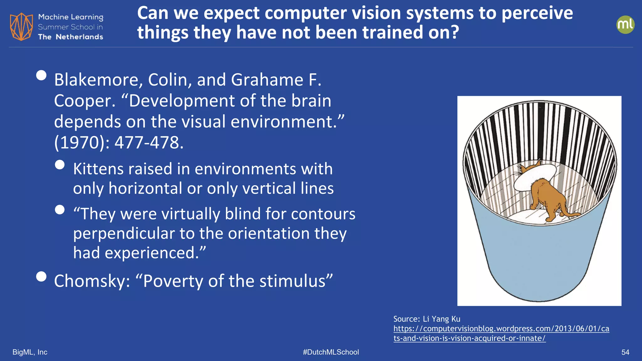 BigML, Inc #DutchMLSchool 54
•Blakemore, Colin, and Grahame F.
Cooper. “Development of the brain
depends on the visual environment.”
(1970): 477-478.
• Kittens raised in environments with
only horizontal or only vertical lines
• “They were virtually blind for contours
perpendicular to the orientation they
had experienced.”
•Chomsky: “Poverty of the stimulus”
Can we expect computer vision systems to perceive
things they have not been trained on?
Source: Li Yang Ku
https://computervisionblog.wordpress.com/2013/06/01/ca
ts-and-vision-is-vision-acquired-or-innate/
 