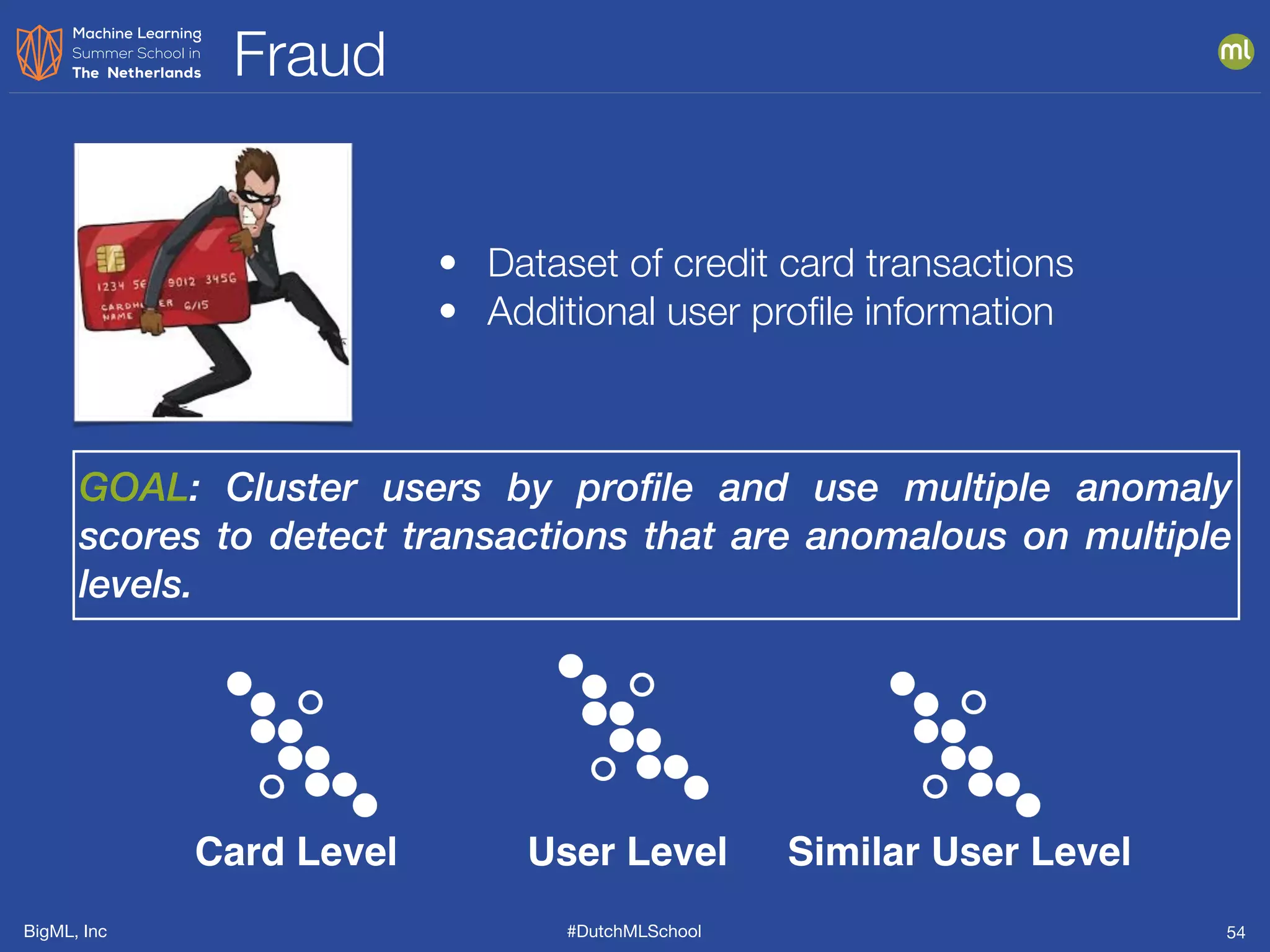 BigML, Inc #DutchMLSchool
Fraud
54
• Dataset of credit card transactions
• Additional user proﬁle information
GOAL: Cluster users by profile and use multiple anomaly
scores to detect transactions that are anomalous on multiple
levels.
Card Level User Level Similar User Level
 
