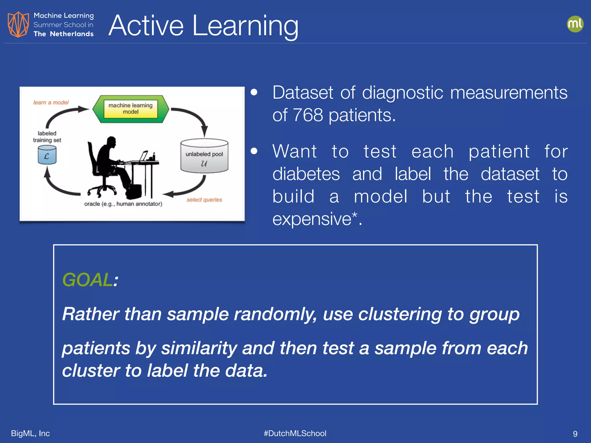 BigML, Inc #DutchMLSchool
Active Learning
9
GOAL:
Rather than sample randomly, use clustering to group
patients by similarity and then test a sample from each
cluster to label the data.
• Dataset of diagnostic measurements
of 768 patients.
• Want to test each patient for
diabetes and label the dataset to
build a model but the test is
expensive*.
 
