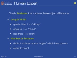 BigML, Inc #DutchMLSchool
Human Expert
16
• Length/Width
• greater than 1 => “skinny”
• equal to 1 => “round”
• less than 1 => invert
• Number of Surfaces
• distinct surfaces require “edges” which have corners
• easier to count
Create features that capture these object differences
 