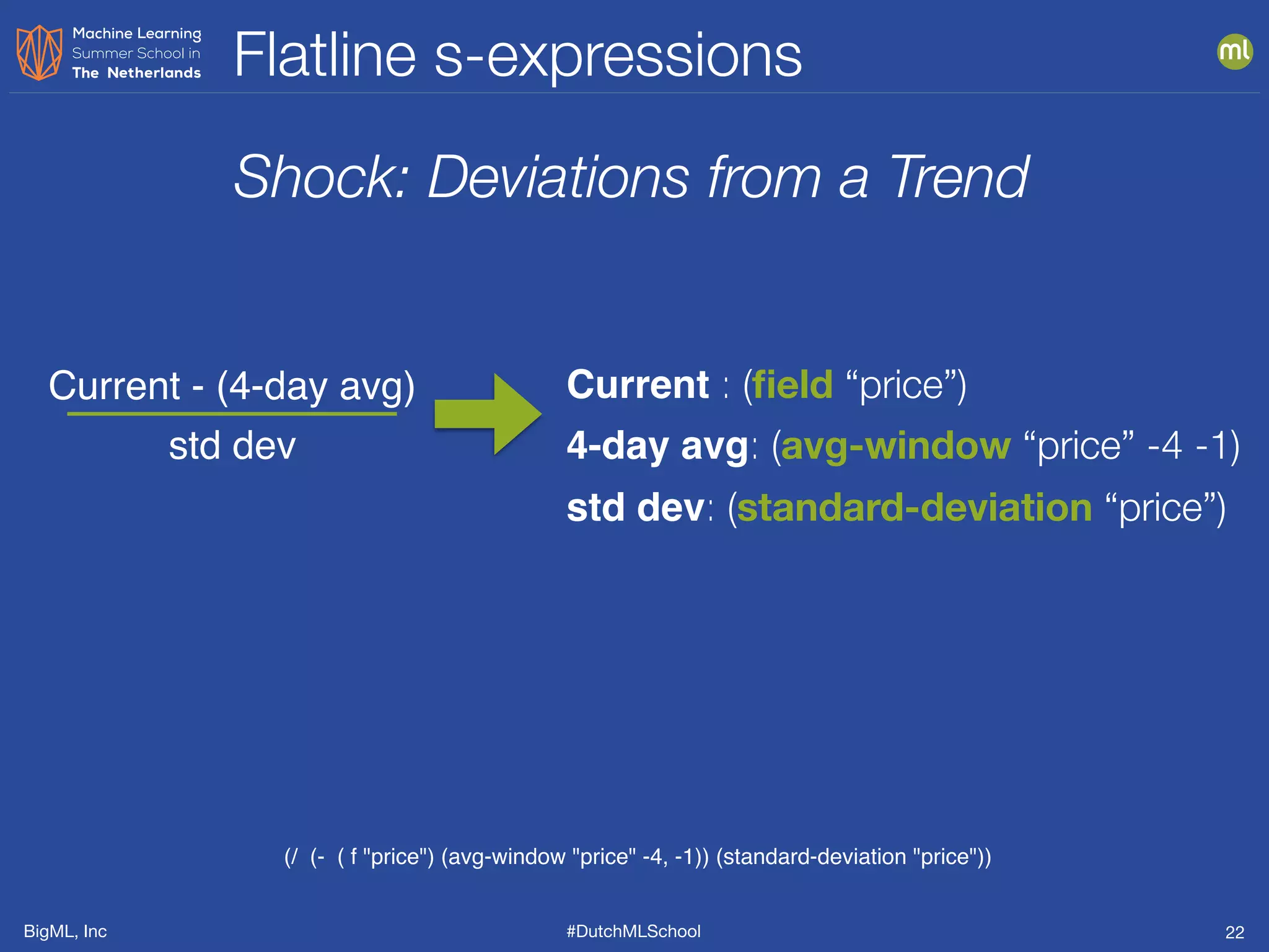 BigML, Inc #DutchMLSchool
Flatline s-expressions
22
Current - (4-day avg)
std dev
Shock: Deviations from a Trend
Current : (ﬁeld “price”)
4-day avg: (avg-window “price” -4 -1)
std dev: (standard-deviation “price”)
(/ (- ( f "price") (avg-window "price" -4, -1)) (standard-deviation "price"))
 