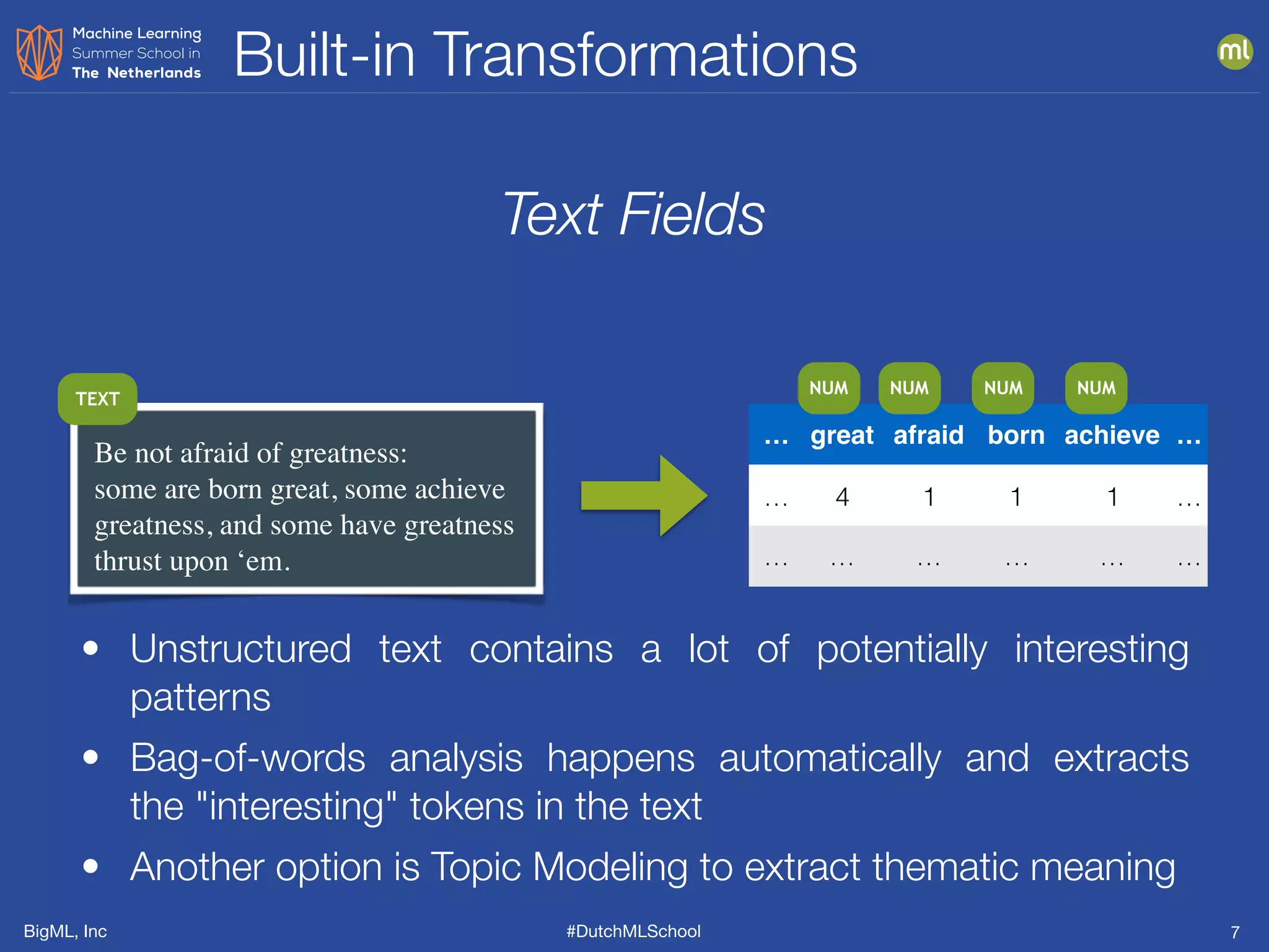 BigML, Inc #DutchMLSchool
Built-in Transformations
7
Be not afraid of greatness:
some are born great, some achieve
greatness, and some have greatness
thrust upon ‘em.
TEXT
Text Fields
… great afraid born achieve …
… 4 1 1 1 …
… … … … … …
NUM NUM NUM NUM
• Unstructured text contains a lot of potentially interesting
patterns
• Bag-of-words analysis happens automatically and extracts
the "interesting" tokens in the text
• Another option is Topic Modeling to extract thematic meaning
 