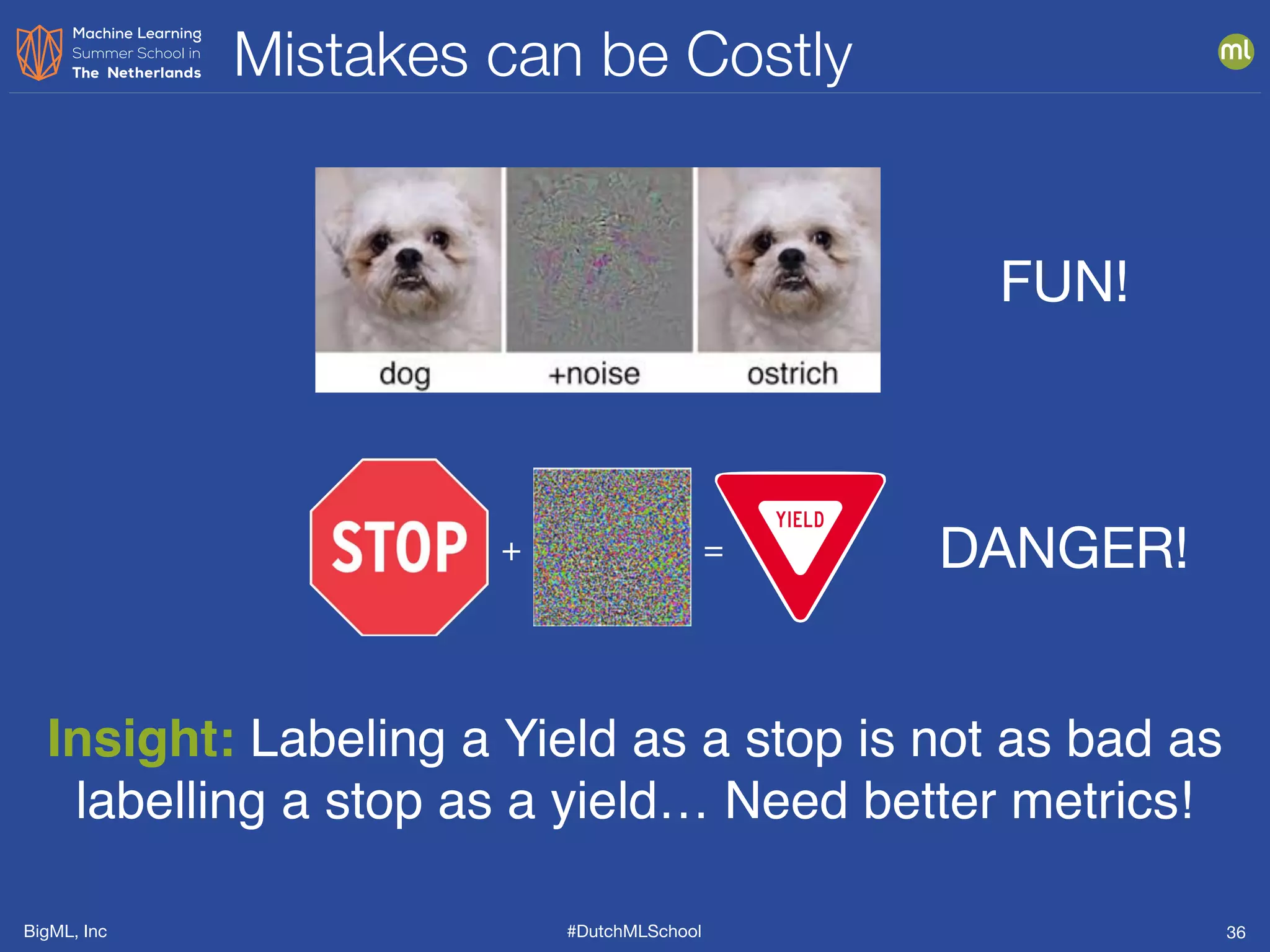 BigML, Inc #DutchMLSchool
Mistakes can be Costly
36
FUN!
+ = DANGER!
Insight: Labeling a Yield as a stop is not as bad as
labelling a stop as a yield… Need better metrics!
 