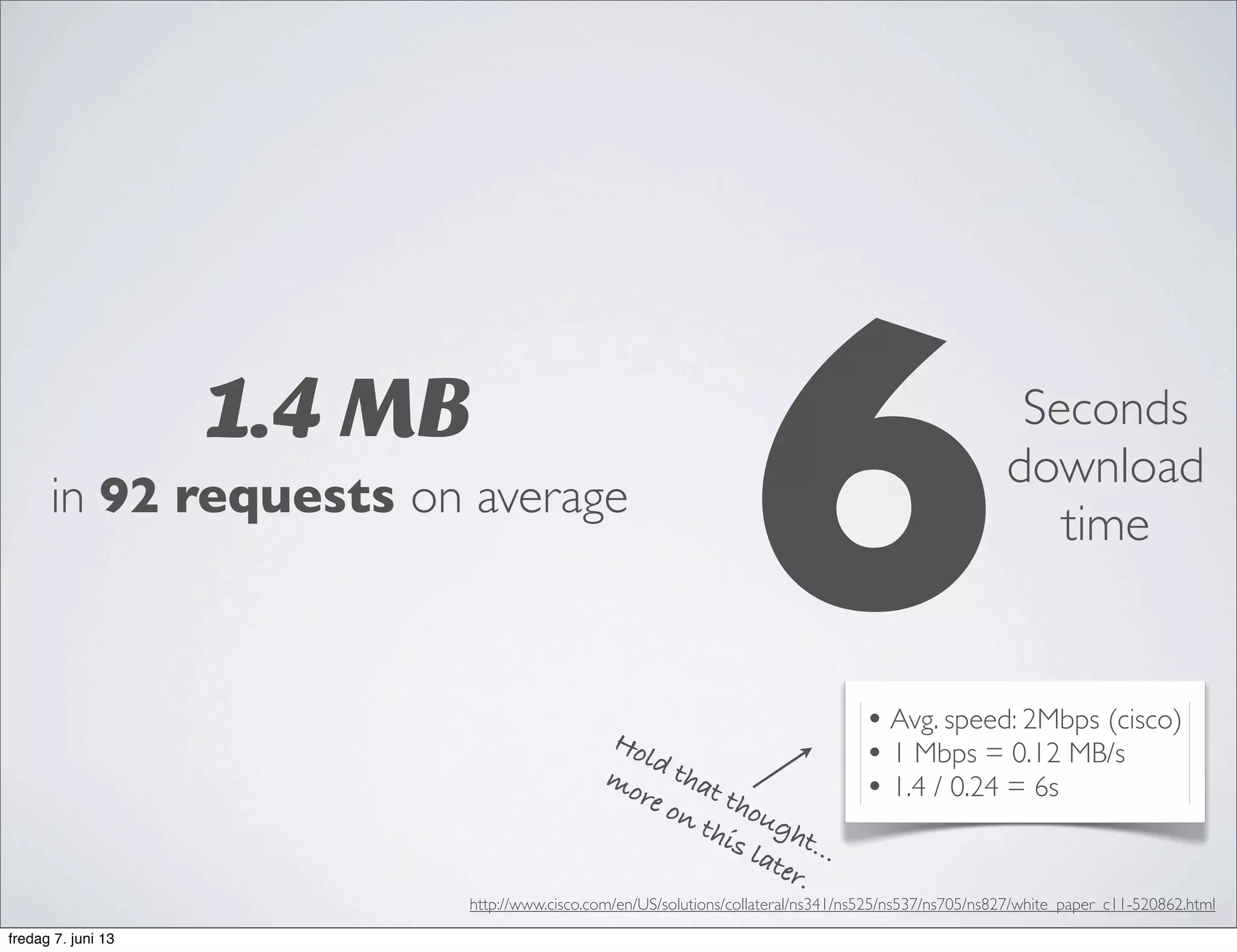1.4 MB
in 92 requests on average
• Avg. speed: 2Mbps (cisco)
• 1 Mbps = 0.12 MB/s
• 1.4 / 0.24 = 6s
6Seconds
download
time
Hold that thought...
more on this later.
http://www.cisco.com/en/US/solutions/collateral/ns341/ns525/ns537/ns705/ns827/white_paper_c11-520862.html
fredag 7. juni 13
 