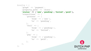 $config =
[

'graph' => 'payment'
,

'property_path' => 'state',
'states' => ['new','pending','failed','paid']
,

'transitions' => [
'process' =>
[

'from' => ['new']
,

'to' => 'pending'
,

]
,

'fail' =>
[

'from' => ['pending']
,

'to' => 'failed'
,

]
,

'pay' =>
[

'from' => ['pending']
,

'to' => 'paid'
,

]
,

]
,

];
 