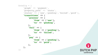 $config =
[

'graph' => 'payment'
,

'property_path' => 'state'
,

'states' => ['new','pending','failed','paid'],
'transitions' =>
[

'process' =>
[

'from' => ['new']
,

'to' => 'pending'
,

]
,

'fail' =>
[

'from' => ['pending']
,

'to' => 'failed'
,

]
,

'pay' =>
[

'from' => ['pending']
,

'to' => 'paid'
,

]
,

]
,

];
 