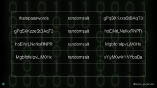 @adam_englander
ihatepasswords randomsalt gPqSXKzzeStBAqT3
gPqSXKzzeStBAqT3 randomsalt hoEiNrLNefkxRNPR
hoEiNrLNefkxRNPR randomsalt MgbfofelpvLjM0Hx
MgbfofelpvLjM0Hx randomsalt xYjyM0wXf1VYboBa
 