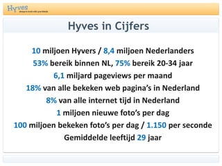 Hyves in Cijfers10 miljoen Hyvers / 8,4 miljoen Nederlanders53% bereik binnen NL, 75% bereik 20-34 jaar 6,1 miljard pageviews per maand18% van alle bekeken web pagina’s in Nederland8% van alle internet tijd in Nederland1 miljoen nieuwe foto’s per dag100 miljoen bekeken foto’s per dag / 1.150 per seconde Gemiddelde leeftijd 29 jaar