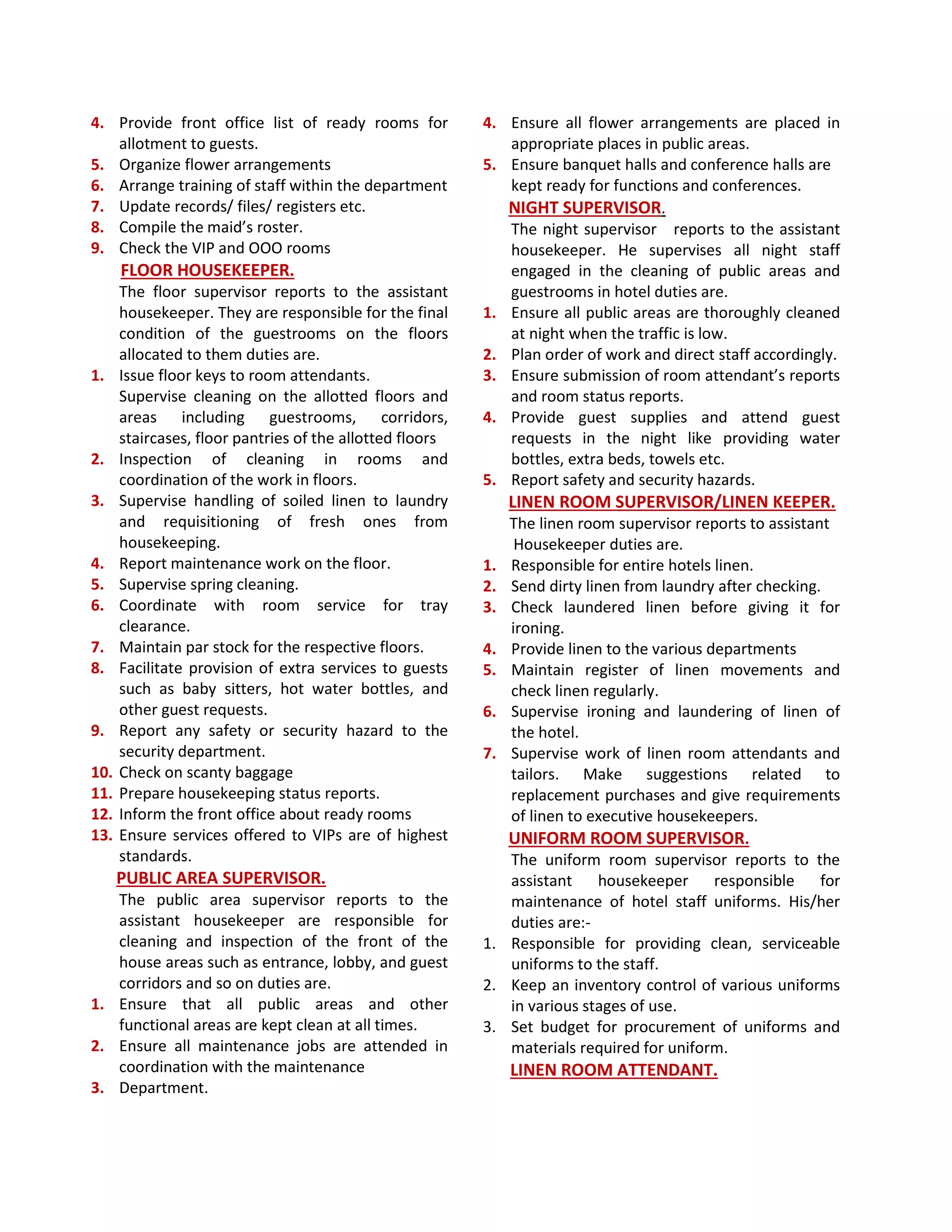 Duties and Responsibilities of Housekeeping Staff PDF