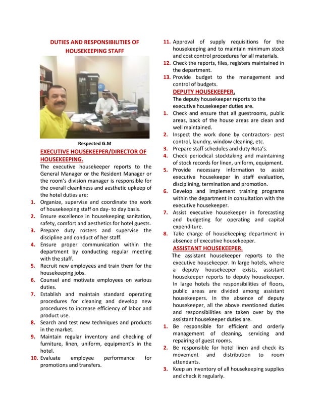 Duties and Responsibilities of Housekeeping Staff PDF