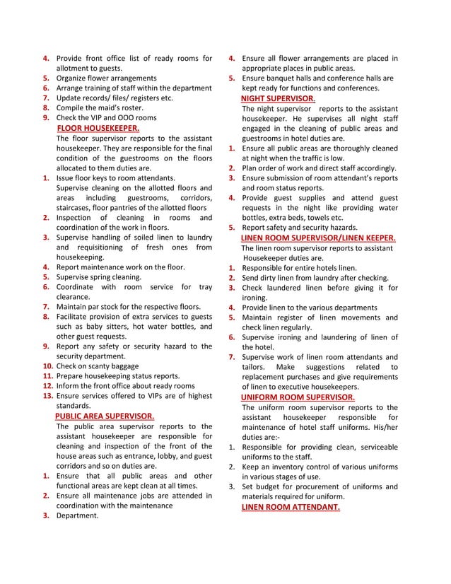 Duties and Responsibilities of Housekeeping Staff
