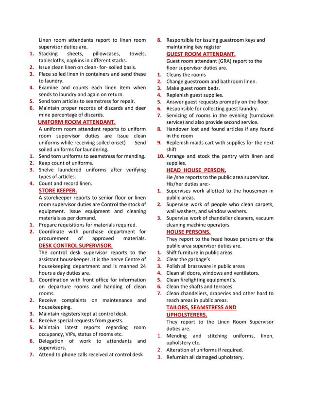 Duties and Responsibilities of Housekeeping Staff