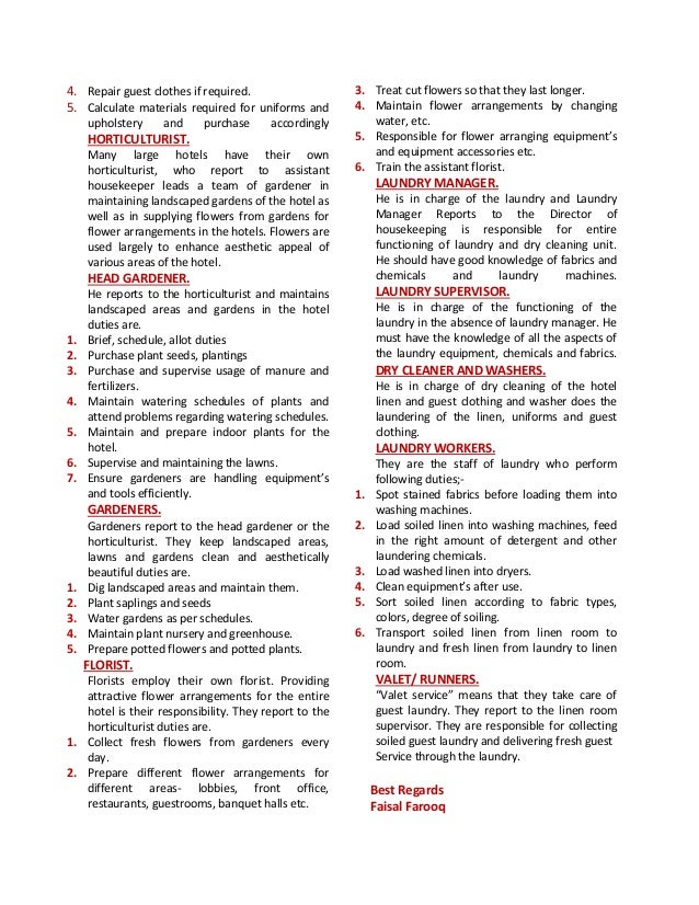 duties and responsibilities of housekeeping staff housekeeping duties
