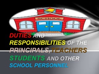 DUTIES
RESPONSIBILITIES
PRINCIPALS,TEACHERS
STUDENTS
SCHOOL PERSONNEL
Type equation here.
 