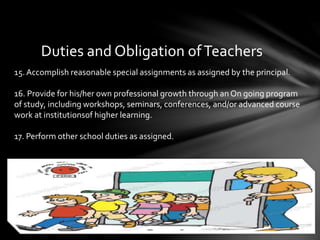 15. Accomplish reasonable special assignments as assigned by the principal.
16. Provide for his/her own professional growth through an On going program
of study, including workshops, seminars, conferences, and/or advanced course
work at institutionsof higher learning.
17. Perform other school duties as assigned.
Duties and Obligation ofTeachers
 