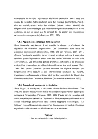 l’authenticité de ce que l’organisation représente (Fombrun, 2001 : 292). Un
niveau de réputation faible résulterait alors d’un manque d’authenticité, c'est-à-
dire un non-alignement entre les attributs (culture, valeur, identité) de
l’organisation, et les messages que cette même organisation ferait passer à son
audience, ce qui se traduit par le concept de          la gestion des impressions
(« impression management ») (Fombrun, 2001 : 293).


   1.1.4. Approches sociologique de la réputation
Selon l’approche sociologique, il est possible de classer, ou d’ordonner, la
réputation de différentes organisations. Ces classements sont issus de
processus socio-cognitifs (Granovetter, 1985 ; cité par Fombrun, 2001 : 291).
Comme l’explique la réputation est un construit social qui se forme à travers les
relations qu’une organisation établit avec les parties prenantes au sein d’un
environnement. Les différentes parties prenantes participant à ce processus
évaluent les organisations en utilisant des critères qui leur sont propres (Rao,
1994). Les parties prenantes peuvent examiner les signaux envoyés par
l’organisation et/ou recourir à des intermédiaires (analystes du marché,
investisseurs professionnels, médias, etc.) qui leur permettent de détenir des
informations réduisant l’asymétrie potentielle (Abrahamson et Fombrun, 1992).


   1.1.5. Approche stratégique de la réputation
Selon l’approche stratégique, la réputation résulte de deux mécanismes. D’un
côté, elle est une ressource qui dérive des caractéristiques internes spécifiques
(uniques) à l’organisation (Fombrun, 2001 : 290). D’autre part, la réputation est
aussi une perception externe de l’organisation. Une perception positive est alors
source d’avantage concurrentiel (tout comme l’approche économique).             Le
tableau 1 reprend les principales approches théoriques du concept de réputation
organisationnelle à travers sa définition et ses caractéristiques.


                                     Tableau 1
                    Les approches théoriques de la réputation
 