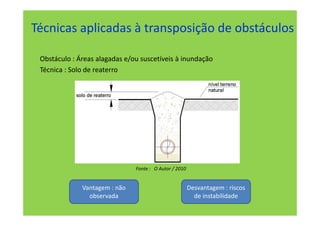 Técnicas aplicadas à transposição de obstáculos

 Obstáculo : Áreas alagadas e/ou suscetíveis à inundação
 Técnica : Solo de reaterro




                               Fonte : O Autor / 2010


              Vantagem : não                            Desvantagem : riscos
                observada                                 de instabilidade
 