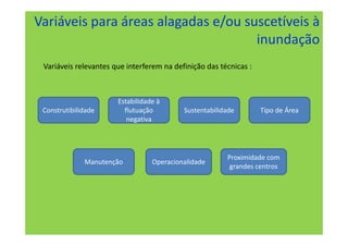 Variáveis para áreas alagadas e/ou suscetíveis à
                                     inundação
 Variáveis relevantes que interferem na definição das técnicas :



                       Estabilidade à
 Construtibilidade       flutuação         Sustentabilidade        Tipo de Área
                          negativa




                                                        Proximidade com
              Manutenção          Operacionalidade
                                                         grandes centros
 