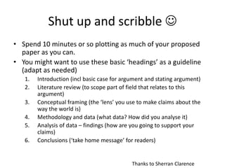 Shut up and scribble 
• Spend 10 minutes or so plotting as much of your proposed
paper as you can.
• You might want to use these basic ‘headings’ as a guideline
(adapt as needed)
1. Introduction (incl basic case for argument and stating argument)
2. Literature review (to scope part of field that relates to this
argument)
3. Conceptual framing (the ‘lens’ you use to make claims about the
way the world is)
4. Methodology and data (what data? How did you analyse it)
5. Analysis of data – findings (how are you going to support your
claims)
6. Conclusions (‘take home message’ for readers)
Thanks to Sherran Clarence
 