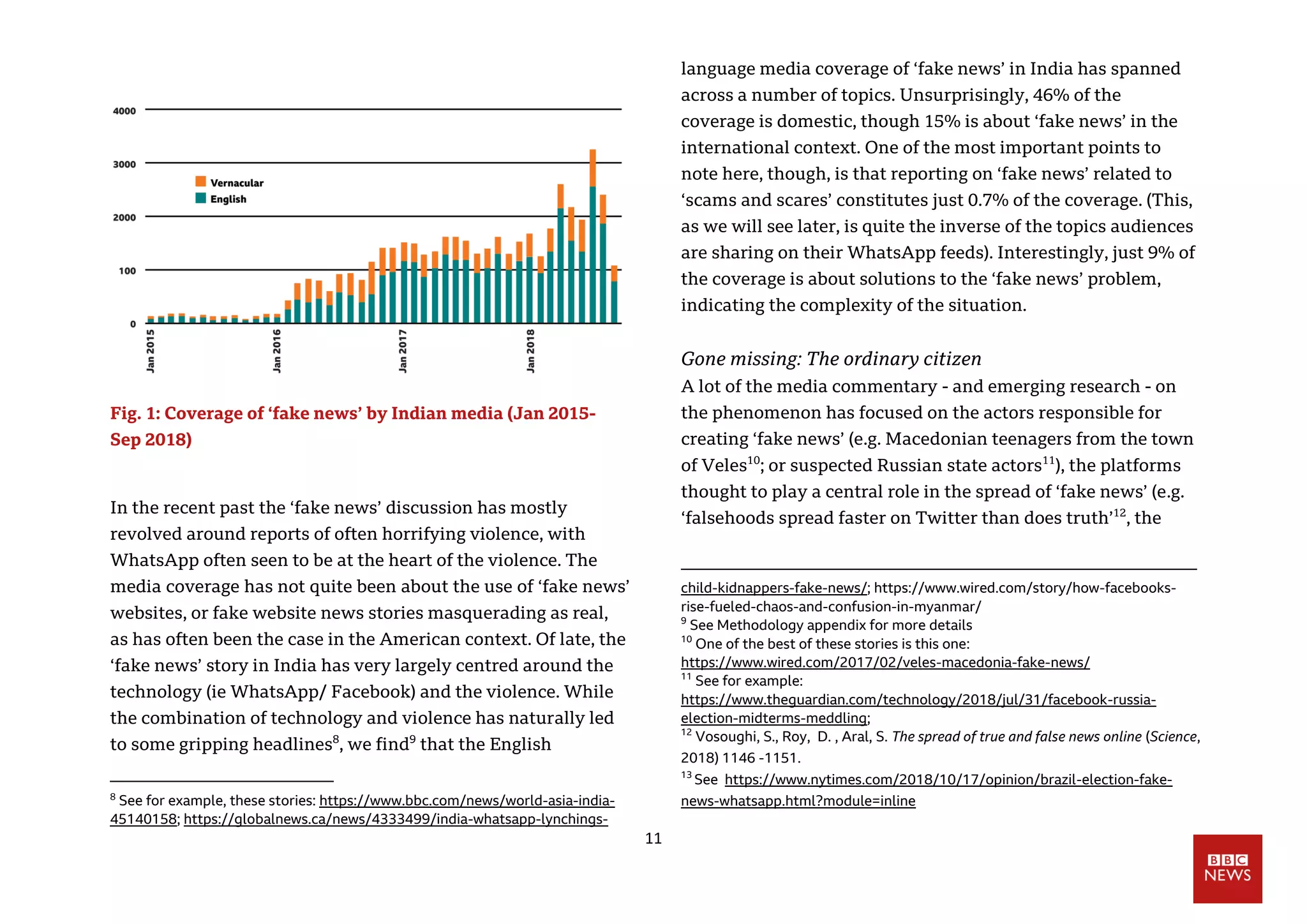 11
Fig. 1: Coverage of ‘fake news’ by Indian media (Jan 2015-
Sep 2018)
In the recent past the ‘fake news’ discussion has mostly
revolved around reports of often horrifying violence, with
WhatsApp often seen to be at the heart of the violence. The
media coverage has not quite been about the use of ‘fake news’
websites, or fake website news stories masquerading as real,
as has often been the case in the American context. Of late, the
‘fake news’ story in India has very largely centred around the
technology (ie WhatsApp/ Facebook) and the violence. While
the combination of technology and violence has naturally led
to some gripping headlines8
, we find9
that the English
8
See for example, these stories: https://www.bbc.com/news/world-asia-india-
45140158; https://globalnews.ca/news/4333499/india-whatsapp-lynchings-
language media coverage of ‘fake news’ in India has spanned
across a number of topics. Unsurprisingly, 46% of the
coverage is domestic, though 15% is about ‘fake news’ in the
international context. One of the most important points to
note here, though, is that reporting on ‘fake news’ related to
‘scams and scares’ constitutes just 0.7% of the coverage. (This,
as we will see later, is quite the inverse of the topics audiences
are sharing on their WhatsApp feeds). Interestingly, just 9% of
the coverage is about solutions to the ‘fake news’ problem,
indicating the complexity of the situation.
Gone missing: The ordinary citizen
A lot of the media commentary - and emerging research - on
the phenomenon has focused on the actors responsible for
creating ‘fake news’ (e.g. Macedonian teenagers from the town
of Veles10
; or suspected Russian state actors11
), the platforms
thought to play a central role in the spread of ‘fake news’ (e.g.
‘falsehoods spread faster on Twitter than does truth’12
, the
child-kidnappers-fake-news/; https://www.wired.com/story/how-facebooks-
rise-fueled-chaos-and-confusion-in-myanmar/
9
See Methodology appendix for more details
10
One of the best of these stories is this one:
https://www.wired.com/2017/02/veles-macedonia-fake-news/
11
See for example:
https://www.theguardian.com/technology/2018/jul/31/facebook-russia-
election-midterms-meddling;
12
Vosoughi, S., Roy, D. , Aral, S. The spread of true and false news online (Science,
2018) 1146 -1151.
13
See https://www.nytimes.com/2018/10/17/opinion/brazil-election-fake-
news-whatsapp.html?module=inline
 