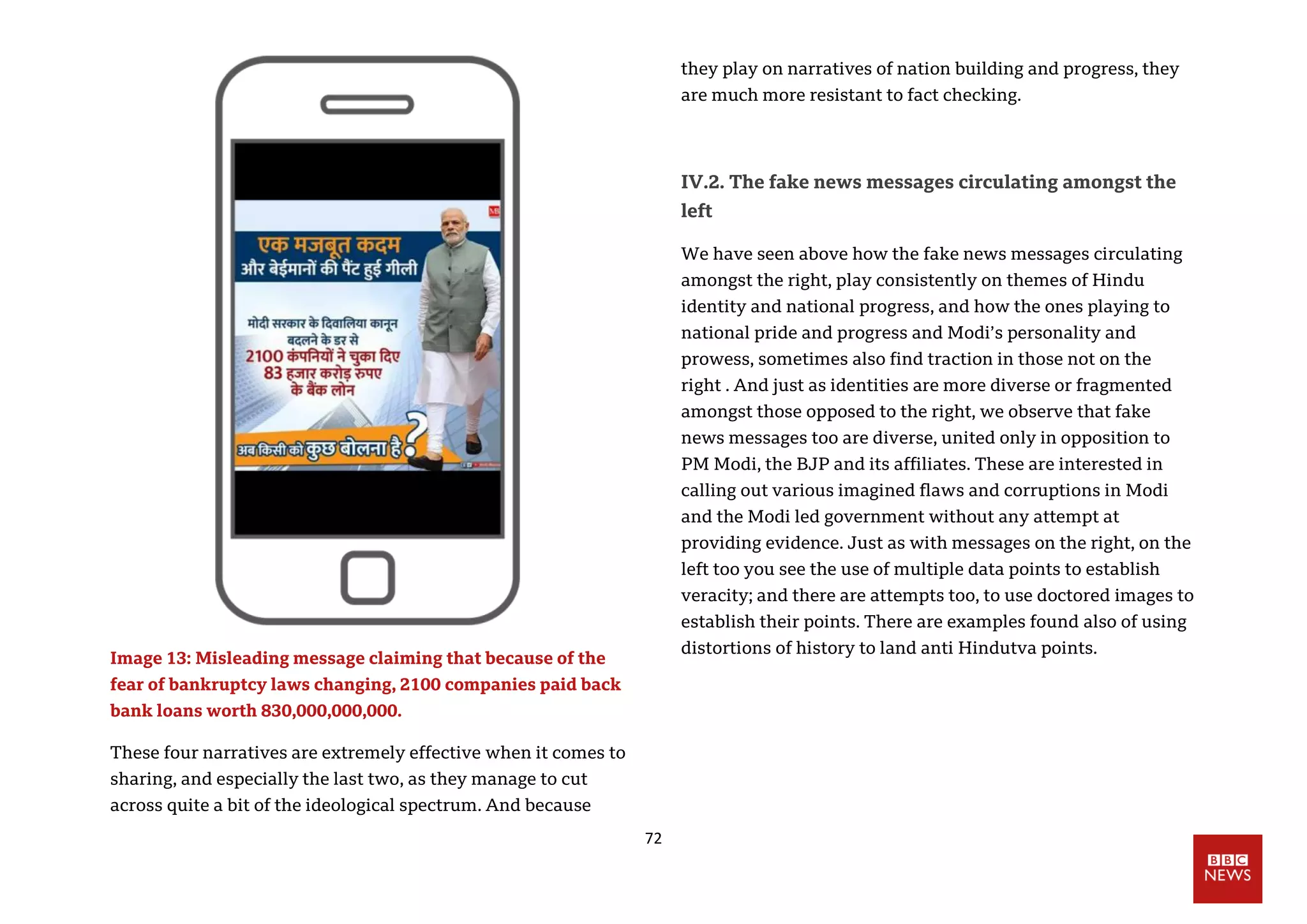 72
Image 13: Misleading message claiming that because of the
fear of bankruptcy laws changing, 2100 companies paid back
bank loans worth 830,000,000,000.
These four narratives are extremely effective when it comes to
sharing, and especially the last two, as they manage to cut
across quite a bit of the ideological spectrum. And because
they play on narratives of nation building and progress, they
are much more resistant to fact checking.
IV.2. The fake news messages circulating amongst the
left
We have seen above how the fake news messages circulating
amongst the right, play consistently on themes of Hindu
identity and national progress, and how the ones playing to
national pride and progress and Modi’s personality and
prowess, sometimes also find traction in those not on the
right . And just as identities are more diverse or fragmented
amongst those opposed to the right, we observe that fake
news messages too are diverse, united only in opposition to
PM Modi, the BJP and its affiliates. These are interested in
calling out various imagined flaws and corruptions in Modi
and the Modi led government without any attempt at
providing evidence. Just as with messages on the right, on the
left too you see the use of multiple data points to establish
veracity; and there are attempts too, to use doctored images to
establish their points. There are examples found also of using
distortions of history to land anti Hindutva points.
 