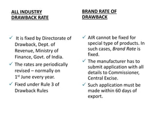 ALL INDUSTRY
DRAWBACK RATE
 It is fixed by Directorate of
Drawback, Dept. of
Revenue, Ministry of
Finance, Govt. of India.
 The rates are periodically
revised – normally on
1st June every year.
 Fixed under Rule 3 of
Drawback Rules
BRAND RATE OF
DRAWBACK
 AIR cannot be fixed for
special type of products. In
such cases, Brand Rate is
fixed.
 The manufacturer has to
submit application with all
details to Commissioner,
Central Excise.
 Such application must be
made within 60 days of
export.
 