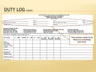 DUTY LOG (FRONT)
This section needs to be
filled out completely
each time.
 