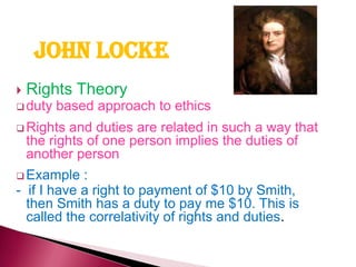 -Mahalingam Origin- Greek word “deon”  or duty also called deontologicalViews on the nature of duty and obligationBased on morality of specific and foundational principles of obligation.       History of Duty TheoryPhilosophersSamuel Pufendorf (17th  century)