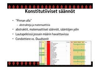 Konstitutiiviset säännöt
• ”Pinnan alla”
– abstrakteja ja matemaattisia
• abstraktit, matemaattiset säännöt, sääntöjen ydin
• Lautapeleissä jossain määrin havaittavissa
• Condottiere vs. Duudsonit
 