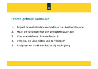Proces gebruik DuboCalc

1.   Bepaal de materiaalhoeveelheden o.b.v. kostencalculatie
2.   Maak de varianten met een projectstructuur aan
3.   Voer materialen en hoeveelheden in
4.   Vergelijk de uitkomsten van de varianten
5.   Analyseer en maak een keuze bij inschrijving
 