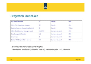 Projecten DuboCalc
 A12 Utrecht-Veenendaal                          UT         Gebruikt                EMVI


 MAVA (RW15 Maasvlakte – Vaanplein)              ZH         Gebruikt                EMVI

 Bestorting Ooster- en Westerschelde Cluster 2   ZL         Gebruikt                VS2-eis

 GOVa (Groot Onderhoud Vaarwegen) fase 3         NB/LB/MW   Voornemen tot gebruik   EMVI

 Extra Spuicapaciteit Afsluitdijk                IJG        Voornemen tot gebruik   EMVI

 Zeeweringen                                     ZL         Voornemen tot gebruik   EMVI

 Corridor SAA (Schiphol–A’dam- Almere)           NH         Voornemen tot gebruik   EMVI




     Externe gebruikersgroep AgentschapNL:
     Gemeenten, provincies (Friesland, Utrecht), havenbedrijven, DLG, Defensie




23                                                                                            10-2-2011
 