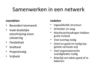 Samenwerken in een netwerk voordelen Bevordert teamwork Vaak duidelijke omschrijving eisen uitvoering Flexibiliteit Snelheid Projectmatig Vrijheid nadelen Ingewikkelde structuur Onhelder en vaag Machtsverhoudingen hebben grote invloed Veel overleg nodig (Veel en goed mt nodig (op gehele verticale as)) Veel organisatorische vaardigheden nodig Moeilijk om taken goed af te bakenen 