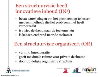 Een structuurvisie heeft
                innovatieve inhoud (IN2)
                • bevat aanwijzingen om het probleem op te lossen
                  met een methode die het probleem niet heeft
                  veroorzaakt
                • is risico dekkend naar de toekomst én
                • is kansen creërend naar de toekomst

               Een structuurvisie organiseert (OR)
                • vermijd bureaucratie
                • geeft maximale ruimte voor private deelname
                • door duidelijke organisatie structuur



woensdag 2 maart 2011
 