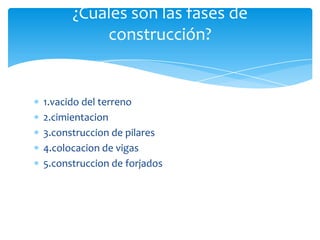 ¿Cuales son las fases de
          construcción?


1.vacido del terreno
2.cimientacion
3.construccion de pilares
4.colocacion de vigas
5.construccion de forjados
 