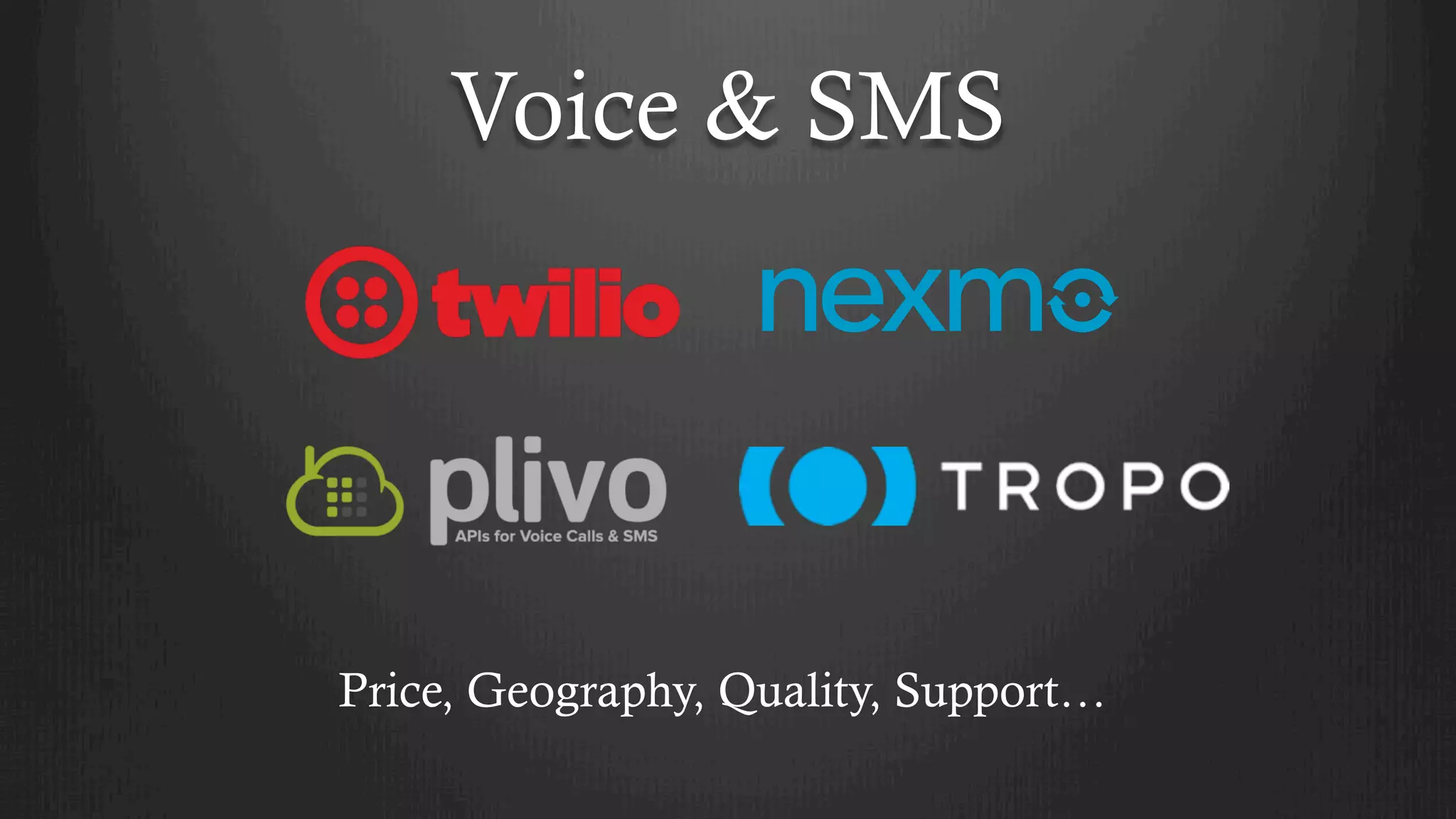 Voice & SMS
Price, Geography, Quality, Support…
 