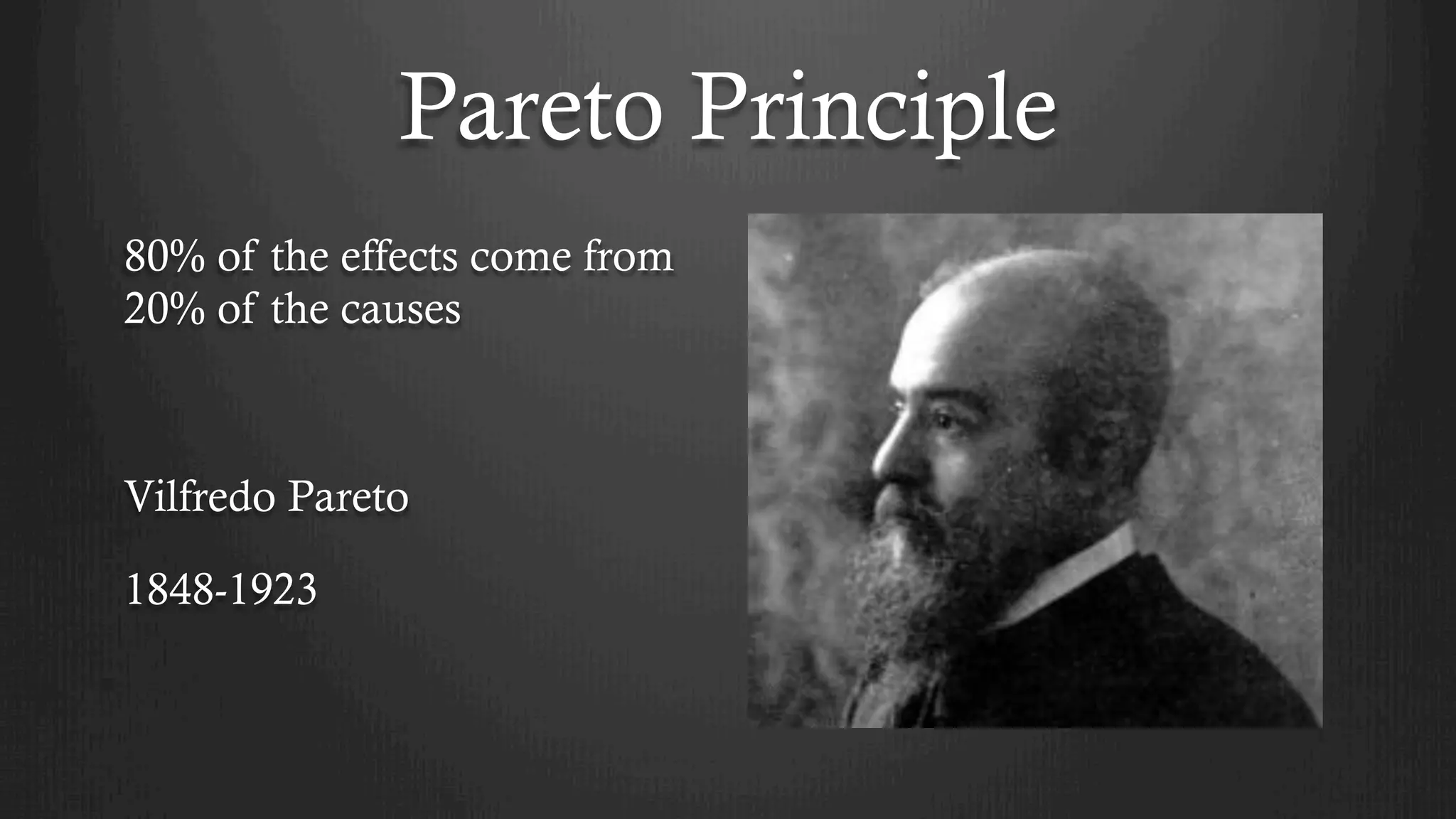 Pareto Principle
80% of the effects come from
20% of the causes
Vilfredo Pareto
1848-1923
 