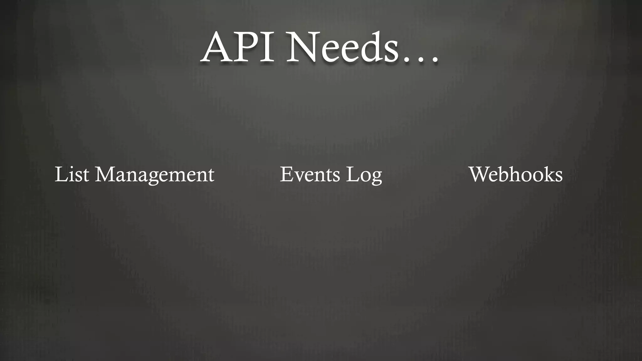 API Needs…
List Management Events Log Webhooks
 