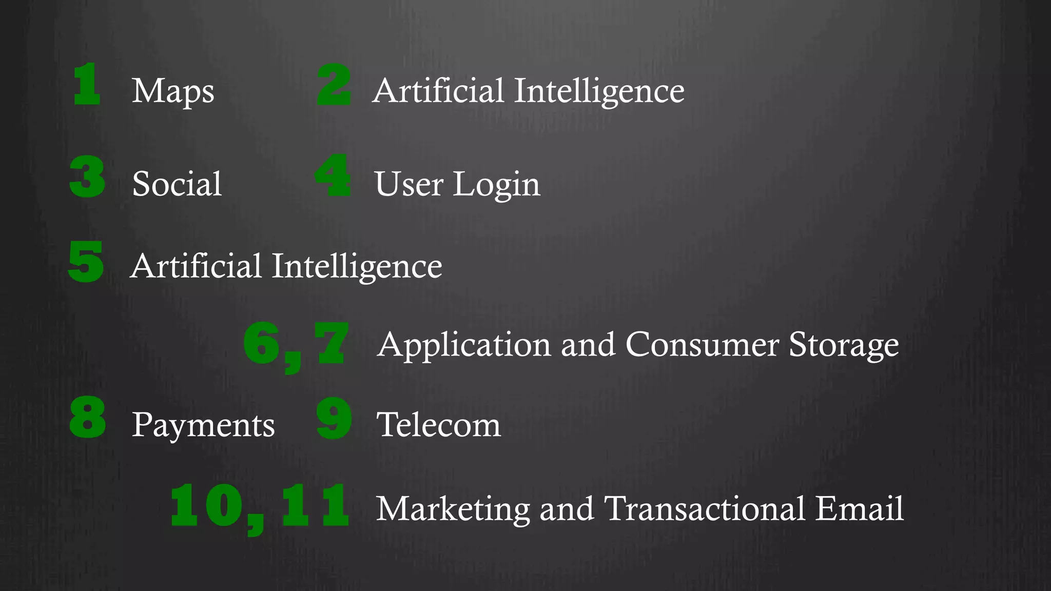 Maps
Social
Artificial Intelligence
Artificial Intelligence
User Login
Payments
Application and Consumer Storage
Marketing and Transactional Email
Telecom
1 2
3 4
5
6,7
8
10,11
9
 