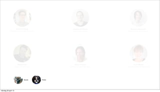 Robert Lidberg
Projektledare & Webdesigner
Ewok
Rasmus Johansson
Webdesigner & Frontend.
Andreas Aronsson
Systemutvecklare
Mikael Grön
Systemutvecklare
Karin Åberg
Användbarhetsarkitekt (UX)
Malin Kronvall
Ekonomi & administration
Pelle
måndag 29 april 13
 