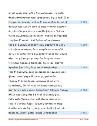 Ἐπιμέλεια κειμένου Ἰωάννης Καραδημητρόπουλος σελίς 11 ἐκ 49
ὡς δὲ κύνες περὶ μῆλα δυσωρήσωνται ἐν αὐλῇ
θηρὸς ἀκούσαντες κρατερόφρονος, ὅς τε καθ’ ὕλην
ἔρχηται δι’ ὄρεσφι· πολὺς δ’ ὀρυμαγδὸς ἐπ’ αὐτῷ Κ 185
ἀνδρῶν ἠδὲ κυνῶν, ἀπό τέ σφισιν ὕπνος ὄλωλεν·
ὣς τῶν νήδυμος ὕπνος ἀπὸ βλεφάροιιν ὀλώλει
νύκτα φυλασσομένοισι κακήν· πεδίον δὲ γὰρ αἰεὶ
τετράφαθ’, ὁππότ’ ἐπὶ Τρώων ἀΐοιεν ἰόντων.
τοὺς δ’ ὃ γέρων γήθησεν ἰδὼν θάρσυνέ τε μύθῳ Κ 190
καί σφεας φωνήσας ἔπεα πτερόεντα προσηύδα·
οὕτω νῦν φίλα τέκνα φυλάσσετε· μηδέ τιν’ ὕπνος
αἱρείτω, μὴ χάρμα γενώμεθα δυσμενέεσσιν.
Ὣς εἰπὼν τάφροιο διέσσυτο· τοὶ δ’ ἅμ’ ἕποντο
Ἀργείων βασιλῆες ὅσοι κεκλήατο βουλήν. Κ 195
τοῖς δ’ ἅμα Μηριόνης καὶ Νέστορος ἀγλαὸς υἱὸς
ἤϊσαν· αὐτοὶ γὰρ κάλεον συμμητιάασθαι.
τάφρον δ’ ἐκδιαβάντες ὀρυκτὴν ἑδριόωντο
ἐν καθαρῷ, ὅθι δὴ νεκύων διεφαίνετο χῶρος
πιπτόντων· ὅθεν αὖτις ἀπετράπετ’ ὄβριμος Ἕκτωρ Κ 200
ὀλλὺς Ἀργείους, ὅτε δὴ περὶ νὺξ ἐκάλυψεν.
ἔνθα καθεζόμενοι ἔπε’ ἀλλήλοισι πίφαυσκον·
τοῖσι δὲ μύθων ἦρχε Γερήνιος ἱππότα Νέστωρ·
ὦ φίλοι οὐκ ἂν δή τις ἀνὴρ πεπίθοιθ’ ἑῷ αὐτοῦ
θυμῷ τολμήεντι μετὰ Τρῶας μεγαθύμους Κ 205
 