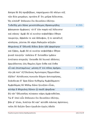 Ἐπιμέλεια κειμένου Ἰωάννης Καραδημητρόπουλος σελίς 14 ἐκ 49
ἄστρα δὲ δὴ προβέβηκε, παροίχωκεν δὲ πλέων νὺξ
τῶν δύο μοιράων, τριτάτη δ’ ἔτι μοῖρα λέλειπται.
Ὣς εἰπόνθ’ ὅπλοισιν ἔνι δεινοῖσιν ἐδύτην.
Τυδεΐδῃ μὲν δῶκε μενεπτόλεμος Θρασυμήδης Κ 255
φάσγανον ἄμφηκες· τὸ δ’ ἑὸν παρὰ νηῒ λέλειπτο·
καὶ σάκος· ἀμφὶ δέ οἱ κυνέην κεφαλῆφιν ἔθηκε
ταυρείην, ἄφαλόν τε καὶ ἄλλοφον, ἥ τε καταῖτυξ
κέκληται, ῥύεται δὲ κάρη θαλερῶν αἰζηῶν.
Μηριόνης δ’ Ὀδυσῆϊ δίδου βιὸν ἠδὲ φαρέτρην Κ 260
καὶ ξίφος, ἀμφὶ δέ οἱ κυνέην κεφαλῆφιν ἔθηκε
ῥινοῦ ποιητήν· πολέσιν δ’ ἔντοσθεν ἱμᾶσιν
ἐντέτατο στερεῶς· ἔκτοσθε δὲ λευκοὶ ὀδόντες
ἀργιόδοντος ὑὸς θαμέες ἔχον ἔνθα καὶ ἔνθα
εὖ καὶ ἐπισταμένως· μέσσῃ δ’ ἐνὶ πῖλος ἀρήρει. Κ 265
τήν ῥά ποτ’ ἐξ Ἐλεῶνος Ἀμύντορος Ὀρμενίδαο
ἐξέλετ’ Αὐτόλυκος πυκινὸν δόμον ἀντιτορήσας,
Σκάνδειαν δ’ ἄρα δῶκε Κυθηρίῳ Ἀμφιδάμαντι·
Ἀμφιδάμας δὲ Μόλῳ δῶκε ξεινήϊον εἶναι,
αὐτὰρ ὃ Μηριόνῃ δῶκεν ᾧ παιδὶ φορῆναι· Κ 270
δὴ τότ’ Ὀδυσσῆος πύκασεν κάρη ἀμφιτεθεῖσα.
Τὼ δ’ ἐπεὶ οὖν ὅπλοισιν ἔνι δεινοῖσιν ἐδύτην,
βάν ῥ’ ἰέναι, λιπέτην δὲ κατ’ αὐτόθι πάντας ἀρίστους.
τοῖσι δὲ δεξιὸν ἧκεν ἐρωδιὸν ἐγγὺς ὁδοῖο
 