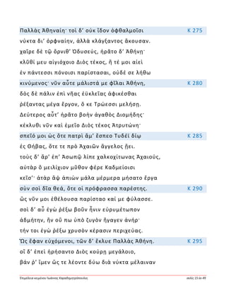 Ἐπιμέλεια κειμένου Ἰωάννης Καραδημητρόπουλος σελίς 15 ἐκ 49
Παλλὰς Ἀθηναίη· τοὶ δ’ οὐκ ἴδον ὀφθαλμοῖσι Κ 275
νύκτα δι’ ὀρφναίην, ἀλλὰ κλάγξαντος ἄκουσαν.
χαῖρε δὲ τῷ ὄρνιθ’ Ὀδυσεύς, ἠρᾶτο δ’ Ἀθήνῃ·
κλῦθί μευ αἰγιόχοιο Διὸς τέκος, ἥ τέ μοι αἰεὶ
ἐν πάντεσσι πόνοισι παρίστασαι, οὐδέ σε λήθω
κινύμενος· νῦν αὖτε μάλιστά με φῖλαι Ἀθήνη, Κ 280
δὸς δὲ πάλιν ἐπὶ νῆας ἐϋκλεῖας ἀφικέσθαι
ῥέξαντας μέγα ἔργον, ὅ κε Τρώεσσι μελήσῃ.
Δεύτερος αὖτ’ ἠρᾶτο βοὴν ἀγαθὸς Διομήδης·
κέκλυθι νῦν καὶ ἐμεῖο Διὸς τέκος Ἀτρυτώνη·
σπεῖό μοι ὡς ὅτε πατρὶ ἅμ’ ἕσπεο Τυδέϊ δίῳ Κ 285
ἐς Θήβας, ὅτε τε πρὸ Ἀχαιῶν ἄγγελος ᾔει.
τοὺς δ’ ἄρ’ ἐπ’ Ἀσωπῷ λίπε χαλκοχίτωνας Ἀχαιούς,
αὐτὰρ ὃ μειλίχιον μῦθον φέρε Καδμείοισι
κεῖσ’· ἀτὰρ ἂψ ἀπιὼν μάλα μέρμερα μήσατο ἔργα
σὺν σοὶ δῖα θεά, ὅτε οἱ πρόφρασσα παρέστης. Κ 290
ὣς νῦν μοι ἐθέλουσα παρίσταο καί με φύλασσε.
σοὶ δ’ αὖ ἐγὼ ῥέξω βοῦν ἦνιν εὐρυμέτωπον
ἀδμήτην, ἣν οὔ πω ὑπὸ ζυγὸν ἤγαγεν ἀνήρ·
τήν τοι ἐγὼ ῥέξω χρυσὸν κέρασιν περιχεύας.
Ὣς ἔφαν εὐχόμενοι, τῶν δ’ ἔκλυε Παλλὰς Ἀθήνη. Κ 295
οἳ δ’ ἐπεὶ ἠρήσαντο Διὸς κούρῃ μεγάλοιο,
βάν ῥ’ ἴμεν ὥς τε λέοντε δύω διὰ νύκτα μέλαιναν
 