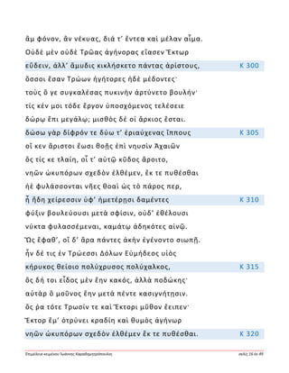 Ἐπιμέλεια κειμένου Ἰωάννης Καραδημητρόπουλος σελίς 16 ἐκ 49
ἂμ φόνον, ἂν νέκυας, διά τ’ ἔντεα καὶ μέλαν αἷμα.
Οὐδὲ μὲν οὐδὲ Τρῶας ἀγήνορας εἴασεν Ἕκτωρ
εὕδειν, ἀλλ’ ἄμυδις κικλήσκετο πάντας ἀρίστους, Κ 300
ὅσσοι ἔσαν Τρώων ἡγήτορες ἠδὲ μέδοντες·
τοὺς ὅ γε συγκαλέσας πυκινὴν ἀρτύνετο βουλήν·
τίς κέν μοι τόδε ἔργον ὑποσχόμενος τελέσειε
δώρῳ ἔπι μεγάλῳ; μισθὸς δέ οἱ ἄρκιος ἔσται.
δώσω γὰρ δίφρόν τε δύω τ’ ἐριαύχενας ἵππους Κ 305
οἵ κεν ἄριστοι ἔωσι θοῇς ἐπὶ νηυσὶν Ἀχαιῶν
ὅς τίς κε τλαίη, οἷ τ’ αὐτῷ κῦδος ἄροιτο,
νηῶν ὠκυπόρων σχεδὸν ἐλθέμεν, ἔκ τε πυθέσθαι
ἠὲ φυλάσσονται νῆες θοαὶ ὡς τὸ πάρος περ,
ἦ ἤδη χείρεσσιν ὑφ’ ἡμετέρῃσι δαμέντες Κ 310
φύξιν βουλεύουσι μετὰ σφίσιν, οὐδ’ ἐθέλουσι
νύκτα φυλασσέμεναι, καμάτῳ ἀδηκότες αἰνῷ.
Ὣς ἔφαθ’, οἳ δ’ ἄρα πάντες ἀκὴν ἐγένοντο σιωπῇ.
ἦν δέ τις ἐν Τρώεσσι Δόλων Εὐμήδεος υἱὸς
κήρυκος θείοιο πολύχρυσος πολύχαλκος, Κ 315
ὃς δή τοι εἶδος μὲν ἔην κακός, ἀλλὰ ποδώκης·
αὐτὰρ ὃ μοῦνος ἔην μετὰ πέντε κασιγνήτῃσιν.
ὅς ῥα τότε Τρωσίν τε καὶ Ἕκτορι μῦθον ἔειπεν·
Ἕκτορ ἔμ’ ὀτρύνει κραδίη καὶ θυμὸς ἀγήνωρ
νηῶν ὠκυπόρων σχεδὸν ἐλθέμεν ἔκ τε πυθέσθαι. Κ 320
 