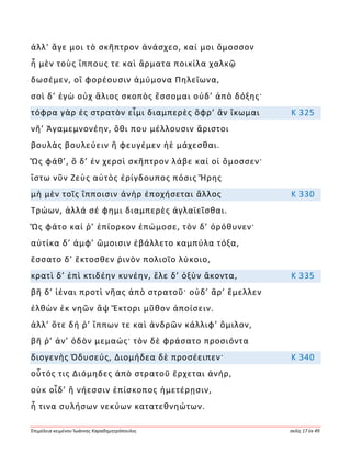 Ἐπιμέλεια κειμένου Ἰωάννης Καραδημητρόπουλος σελίς 17 ἐκ 49
ἀλλ’ ἄγε μοι τὸ σκῆπτρον ἀνάσχεο, καί μοι ὄμοσσον
ἦ μὲν τοὺς ἵππους τε καὶ ἅρματα ποικίλα χαλκῷ
δωσέμεν, οἳ φορέουσιν ἀμύμονα Πηλεΐωνα,
σοὶ δ’ ἐγὼ οὐχ ἅλιος σκοπὸς ἔσσομαι οὐδ’ ἀπὸ δόξης·
τόφρα γὰρ ἐς στρατὸν εἶμι διαμπερὲς ὄφρ’ ἂν ἵκωμαι Κ 325
νῆ’ Ἀγαμεμνονέην, ὅθι που μέλλουσιν ἄριστοι
βουλὰς βουλεύειν ἢ φευγέμεν ἠὲ μάχεσθαι.
Ὣς φάθ’, ὃ δ’ ἐν χερσὶ σκῆπτρον λάβε καί οἱ ὄμοσσεν·
ἴστω νῦν Ζεὺς αὐτὸς ἐρίγδουπος πόσις Ἥρης
μὴ μὲν τοῖς ἵπποισιν ἀνὴρ ἐποχήσεται ἄλλος Κ 330
Τρώων, ἀλλά σέ φημι διαμπερὲς ἀγλαϊεῖσθαι.
Ὣς φάτο καί ῥ’ ἐπίορκον ἐπώμοσε, τὸν δ’ ὀρόθυνεν·
αὐτίκα δ’ ἀμφ’ ὤμοισιν ἐβάλλετο καμπύλα τόξα,
ἕσσατο δ’ ἔκτοσθεν ῥινὸν πολιοῖο λύκοιο,
κρατὶ δ’ ἐπὶ κτιδέην κυνέην, ἕλε δ’ ὀξὺν ἄκοντα, Κ 335
βῆ δ’ ἰέναι προτὶ νῆας ἀπὸ στρατοῦ· οὐδ’ ἄρ’ ἔμελλεν
ἐλθὼν ἐκ νηῶν ἂψ Ἕκτορι μῦθον ἀποίσειν.
ἀλλ’ ὅτε δή ῥ’ ἵππων τε καὶ ἀνδρῶν κάλλιφ’ ὅμιλον,
βῆ ῥ’ ἀν’ ὁδὸν μεμαώς· τὸν δὲ φράσατο προσιόντα
διογενὴς Ὀδυσεύς, Διομήδεα δὲ προσέειπεν· Κ 340
οὗτός τις Διόμηδες ἀπὸ στρατοῦ ἔρχεται ἀνήρ,
οὐκ οἶδ’ ἢ νήεσσιν ἐπίσκοπος ἡμετέρῃσιν,
ἦ τινα συλήσων νεκύων κατατεθνηώτων.
 